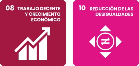 Icons representing Sustainable Development Goals: Decent Work and Economic Growth with an upward trending graph, and Reduced Inequalities with an inequality symbol inside arrows pointing outward.
